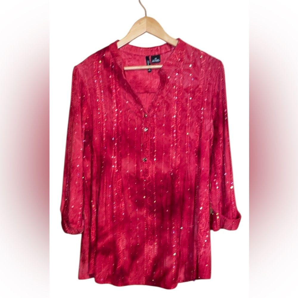 •NWE DIRECTIONS CURVY•NWOT RED OMBRÉ SEQUIN 1/2 BUTTON MANDARIN COLLAR BLOUSE 2X